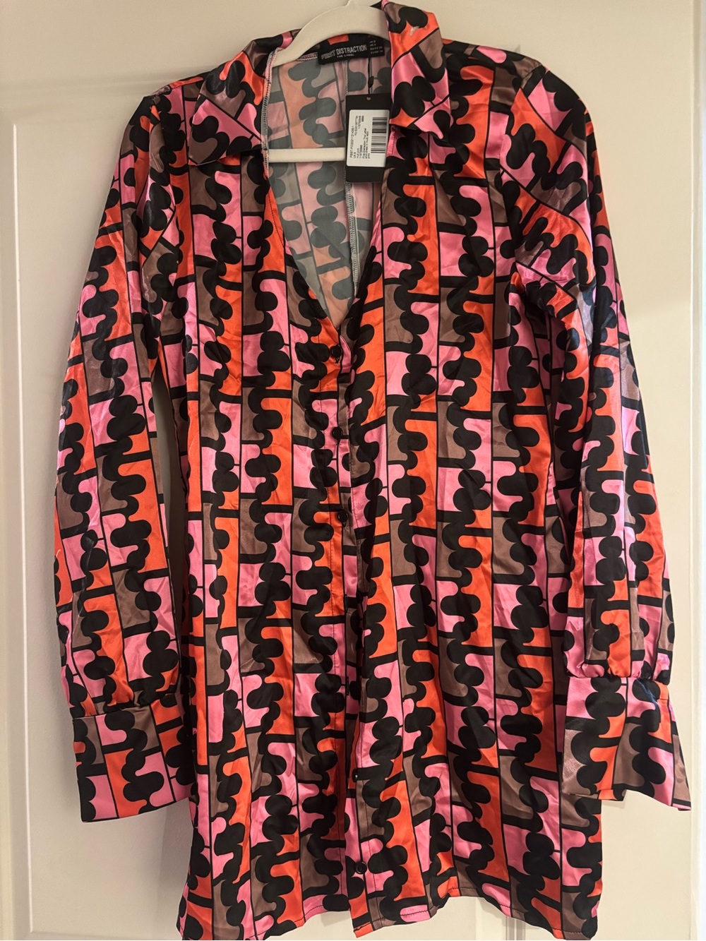 Retro Pink & Orange Patterned Satin Shirt Dress